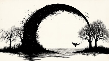 dramatic black and white ink drawing depicting a landscape with trees framing a leaping whale beneat