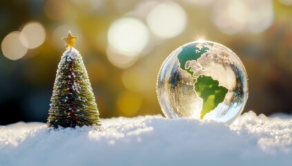 Poster - Sparkling Christmas Tree and Glass Globe Representing the Earth Surrounded by Soft Snow in a Dreamy Winter Wonderland Environment