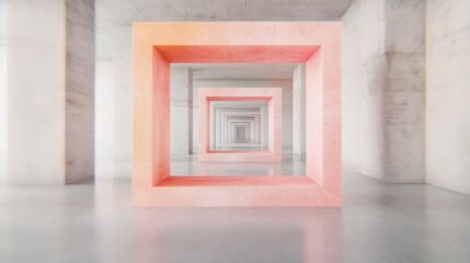 Abstract perspective with nested square frames in soft pink and orange hues creating an illusion of depth in a concrete structure