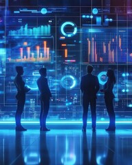 Poster - a group of professionals silhouetted against a digital dashboard displaying data analytics and visua