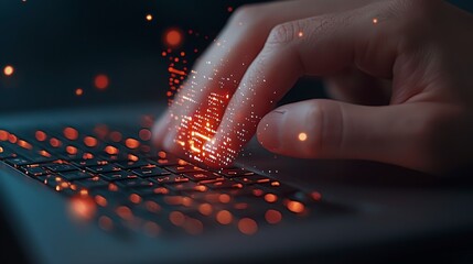 Poster - Close-Up of a Hand Typing on a Keyboard with Glowing Digital Particles and Sparkles in a Dark Environment