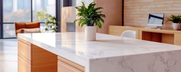 Poster - Contemporary workspace interior with marble countertop, wooden furniture, and indoor plant creating a calming environment in natural light