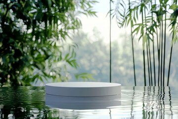 Poster - Circular Display Platform Surrounded by Lush Greenery and Reflections on Water Surface in a Serene Natural Environment