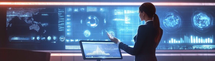 Poster - A professional woman interacts with advanced digital interfaces displaying data and analytics in a high-tech environment.