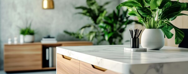 Poster - Modern kitchen interior design with marble countertop, contemporary furniture, greenery, and elegant decor elements in a bright and airy atmosphere