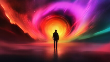 Silhouette walking towards a vibrant otherworldly portal Bold bright colors create a surreal dreamlike space Evokes wonder and curiosity