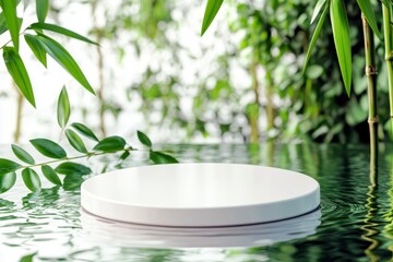 Poster - Serene Nature Setting with Circular Platform Surrounded by Lush Greenery and Water Reflections for Minimalist Photography and Display Showcases