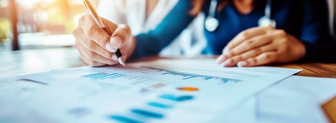 Poster - Business professional analyzing financial reports and graphs in a bright office setting with a pen in hand and a colleague in the background