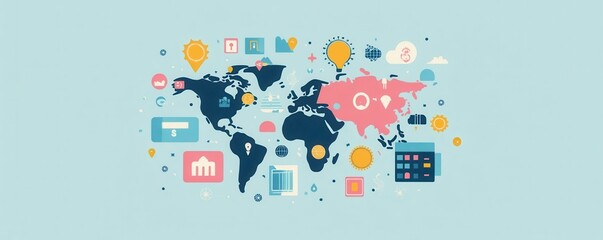 Poster - A colorful world map surrounded by various icons representing technology, data, and global communication.
