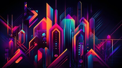 Poster - Vibrant abstract landscape, colorful geometric shapes with glowing accents, digital art perfect for modern design themes.