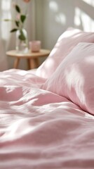 Poster - Luxurious pink linen bed sheets create a serene oasis of calm, bathed in natural light, perfect for restful moments and rejuvenation in a tranquil indoor space