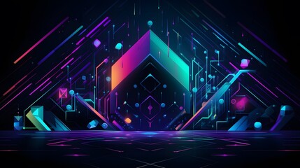 Poster - Vibrant abstract stage design, colorful geometric shapes illuminated with neon lights, ideal for music events or festivals.