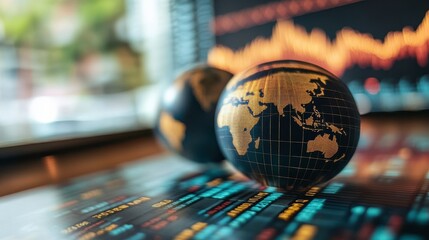 Poster - A close-up view of decorative globes on a financial-themed surface, with graphs and data visuals in the background, symbolizing global finance and investment.