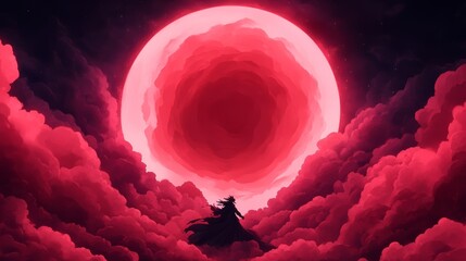 a dark silhouette stands amidst vivid swirling clouds bathed in the light of a colossal crimson cele