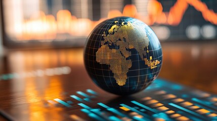 Poster - A globe with illuminated continents sits on a digital interface, symbolizing global connectivity and data analysis.