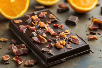 Wall Mural - Dark chocolate bar with bacon bits and orange slices