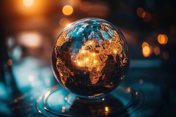 Poster - A glowing globe illuminated with intricate details, showcasing continents and ocean patterns against a blurred, warm background.