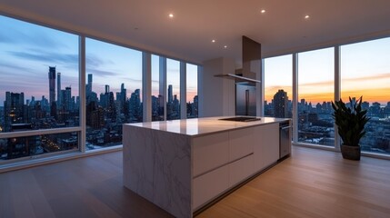 Wall Mural - Luxury apartment kitchen sunset city view