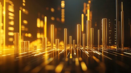 Poster - A dynamic, glowing landscape of golden bar graphs and light streaks, evoking a sense of data visualization and technological advancement.