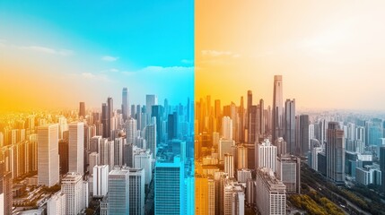 Aufkleber - Urban skyline transformation at sunrise and sunset with vivid color gradients in a metropolitan landscape