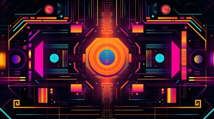 Poster - Abstract digital art with vibrant neon colors, geometric shapes, futuristic design, ideal for tech-themed projects.