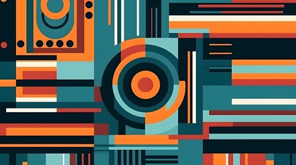 Poster - Colorful geometric abstract design, vibrant shapes and lines in bold orange and teal, ideal for modern presentations and digital art.