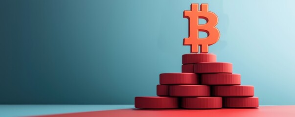 Poster - A stacked arrangement of red coins with a prominent Bitcoin symbol, set against a contrasting background, symbolizing cryptocurrency investment and value.