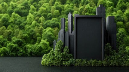 Poster - A futuristic cityscape integrates nature, featuring sleek buildings surrounded by vibrant greenery, symbolizing harmony between urban and natural environments.