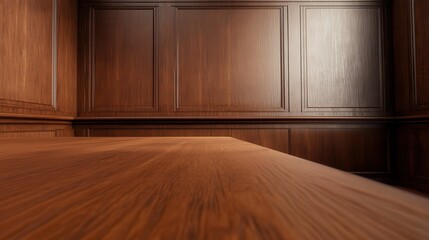Poster - A cozy, wooden interior with rich textures and warm tones, featuring a smooth table surface and elegant paneling.