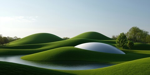 Poster - A serene landscape featuring rolling green hills, a reflective dome structure, and a tranquil body of water under a clear sky.