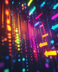 Poster - A vibrant digital display featuring colorful arrows and dots, symbolizing movement and data flow in a modern, abstract style.