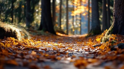 Wall Mural - serene forest path with fallen autumn leaves