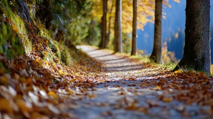 Wall Mural - serene autumn forest path with fallen leaves