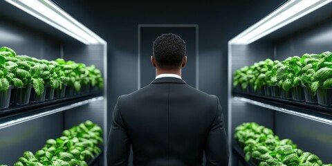 Aufkleber - A man in a suit stands in a dimly lit room surrounded by vibrant green plants, suggesting a fusion of technology and nature.