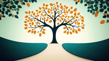Aufkleber - Artistic Representation of a Tree with Orange Leaves on a Calm Background with Green Elements