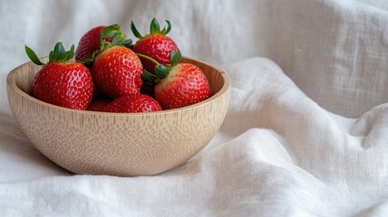 Wall Mural - Fresh strawberries in wooden bowl on white fabric