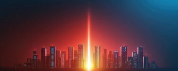 Poster - A vibrant city skyline at dusk, highlighted by a striking beam of light piercing the sky, creating a captivating contrast of colors.