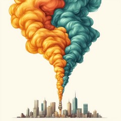 Aufkleber - Vibrant Colorful Smoke Emanating from City Skyline with Tower Underneath in Artistic Representation