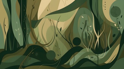 Poster - Abstract green and gold wave patterns, fluid shapes creating a sense of motion and calm, ideal for modern design or relaxation themes.