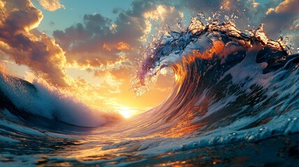 Wall Mural - majestic ocean wave at sunset: vibrant colors and dynamic movement in a serene seascape photography
