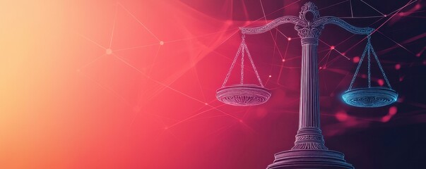 Aufkleber - A modern depiction of a balanced scale against a colorful background, symbolizing justice and fairness in a dynamic digital era.