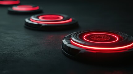 Aufkleber - A close-up view of circular devices with glowing red rings, arranged in a line on a dark surface, suggesting a high-tech or futuristic theme.