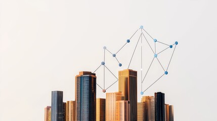 Aufkleber - A city skyline with rising bar graphs and connecting nodes, symbolizing growth, data analysis, and urban development.