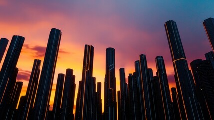 Poster - A striking silhouette of tall, cylindrical structures against a vibrant sunset sky, creating a dramatic urban landscape.