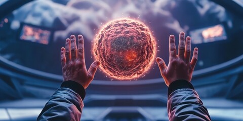 Aufkleber - A futuristic scene with hands reaching out to a glowing, energetic sphere, set against a cosmic background, evoking themes of science and exploration.