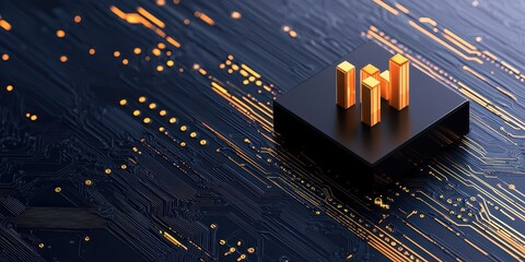 Poster - A sleek black circuit board features four golden metallic bars, symbolizing technology, innovation, and data analysis.