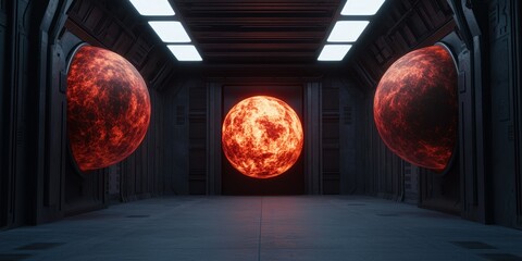 Poster - A futuristic room features three glowing celestial bodies, two planets and a bright sun, creating a dramatic cosmic atmosphere.