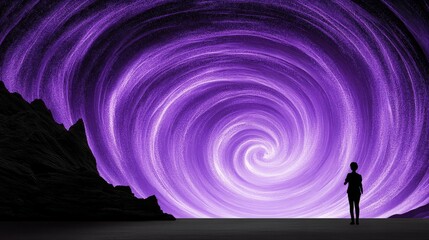Wall Mural - a solitary figure gazes at a massive swirling purple portal blending the mundane with the extraordin