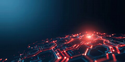 Fototapete - A futuristic digital landscape featuring interconnected hexagonal patterns illuminated with red and blue light, creating a sense of depth and technology.
