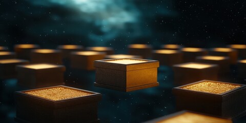 Poster - A mesmerizing digital scene featuring glowing cubes in a cosmic environment, creating a sense of depth and intrigue.